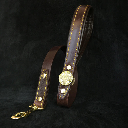 Maximus brown padded leather dog lead with brass rivet and clip