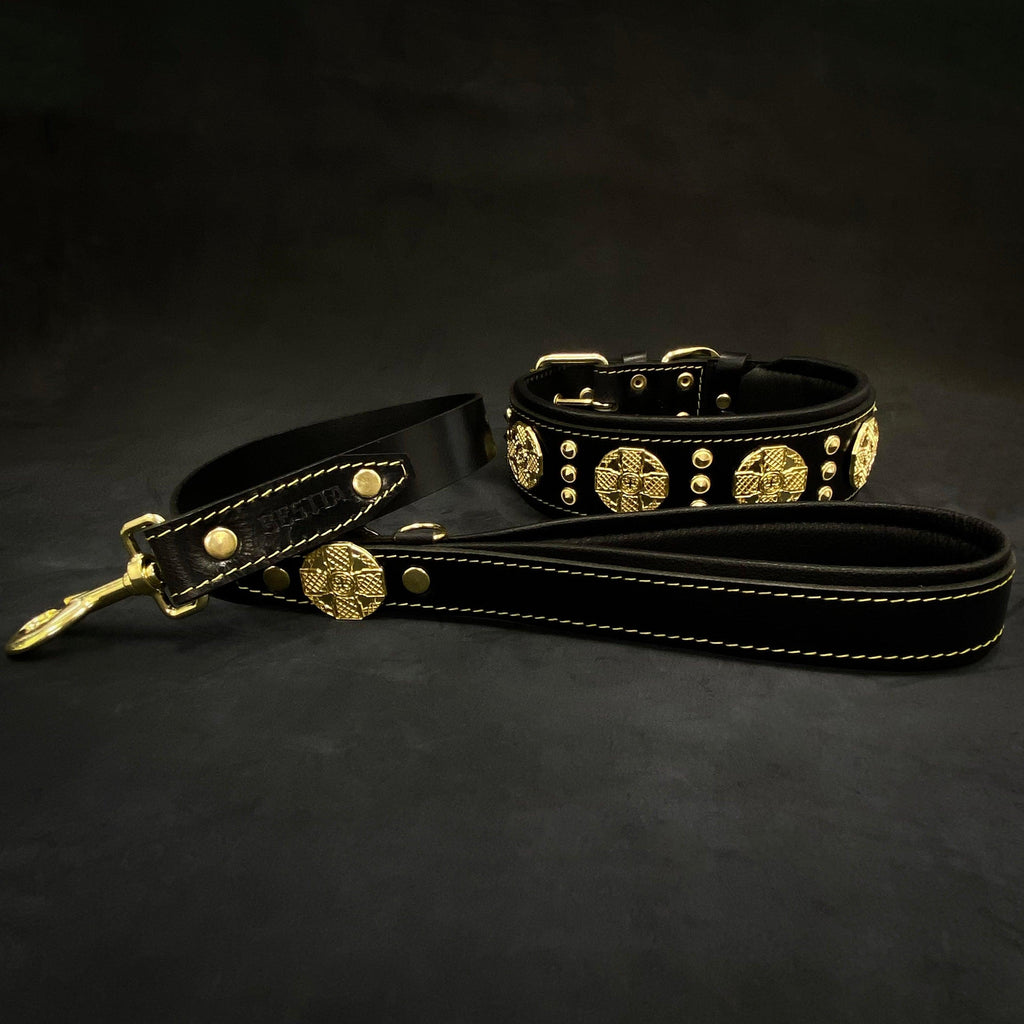 Maximus black and gold leather dog collar and matching lead set