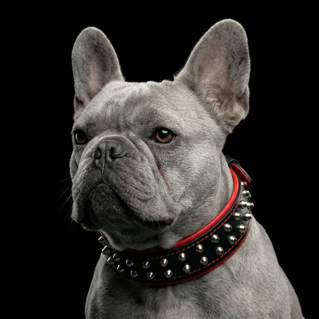 French Bulldog wearing the Rocky studded leather collar in black and red