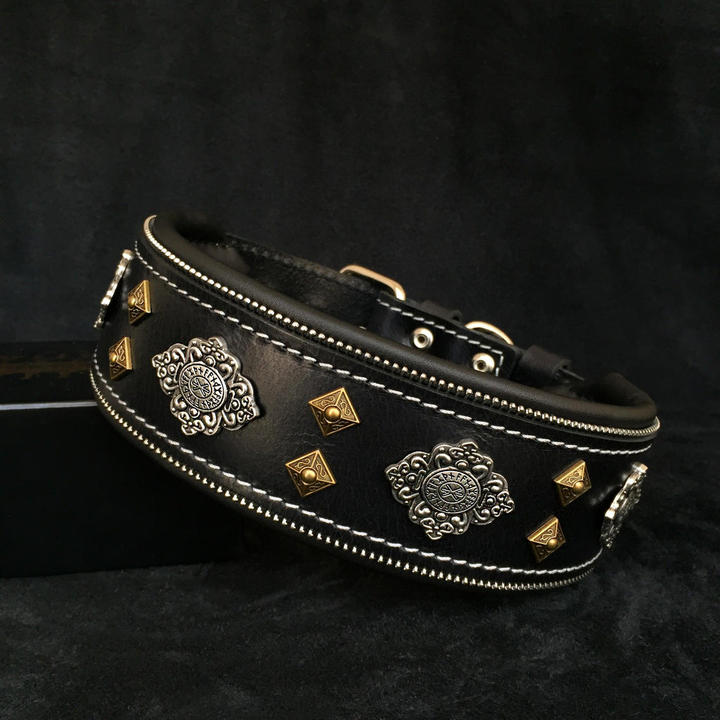 Aztec black leather dog collar with brass pyramid studs and silver rivets