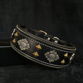 Aztec black leather dog collar with brass pyramid studs and silver rivets