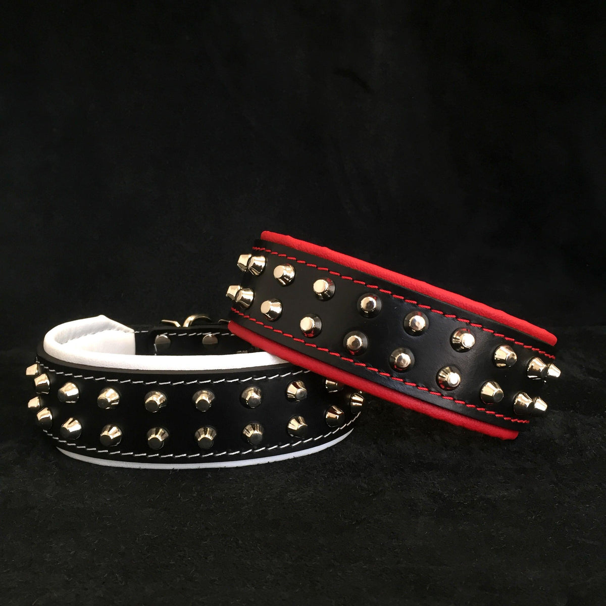 Rocky studded leather dog collars in black with red and white trim