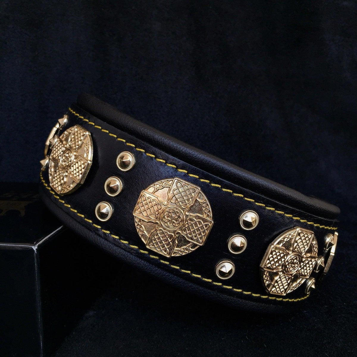 Maximus wide padded black leather dog collar with gold brass rivets